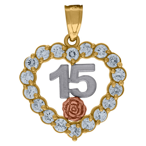 10K Tri-Color Gold CZ Women's 0.85" Heart Frame Charm Quinceanera Rose Pendant