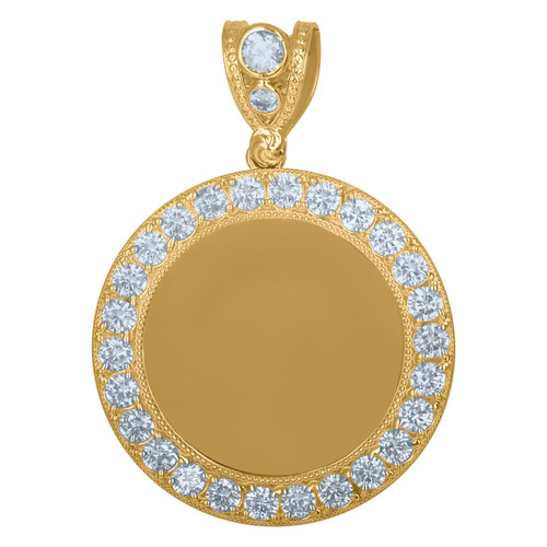 10K Yellow Gold CZ Men's 1.75" Beaded Border Circle Picture Memory Frame Pendant