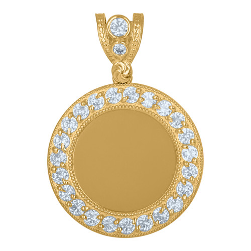 10K Yellow Gold CZ Men's 1.35" Beaded Border Circle Picture Memory Frame Pendant