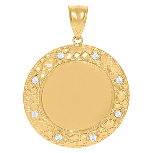10K Yellow Gold CZ Men's 1.85" Nugget Border Circle Picture Memory Frame Pendant