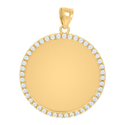 10K Yellow Gold Round CZ Men's 1.35" 1 Row Circle Picture Memory Frame Pendant