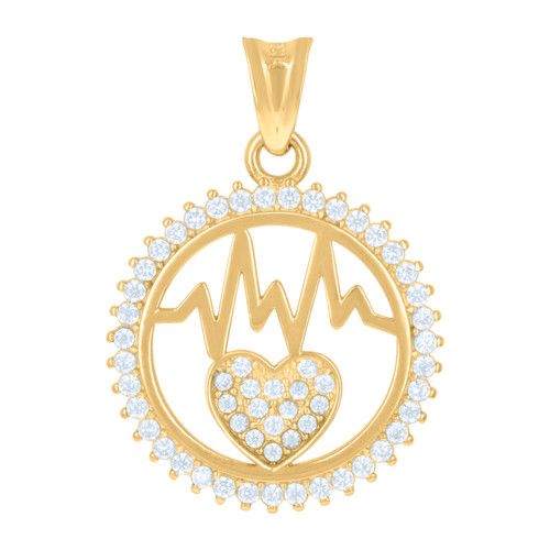 10K Yellow Gold CZ Women's 1" Charm Heart w/ Heartbeat in Circle Frame Pendant