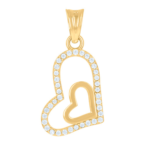 10K Yellow Gold Round CZ Women's Love Frame Charm Sideways Double Heart Pendant