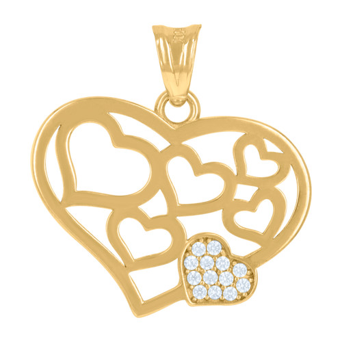 10K Yellow Gold Round CZ Women's 0.95" Love Frame Charm Floating Hearts Pendant