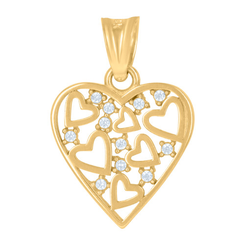 10K Yellow Gold Round CZ Women's 0.85" Love Frame Charm Floating Hearts Pendant