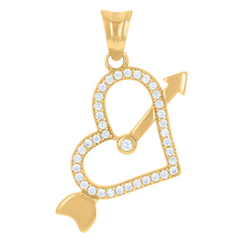 10K Yellow Gold Round CZ Womens 1.10" Love Charm Sideways Heart w/ Arrow Pendant