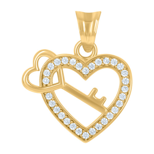 14K Yellow Gold Round CZ Womens 0.85" Love Frame Charm Open Heart w/ Key Pendant