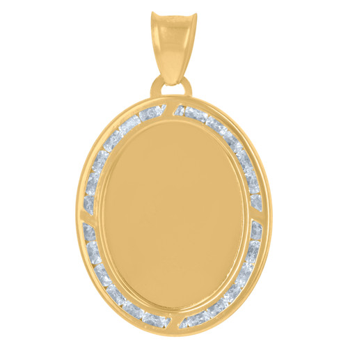 10K Yellow Gold Channel CZ Men's 1.15" Charm Oval Picture Memory Frame Pendant