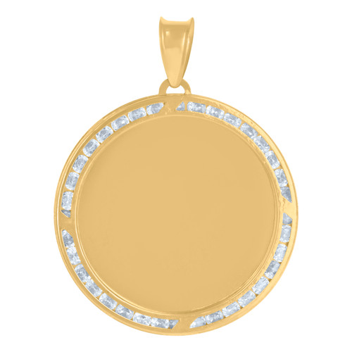 10K Yellow Gold Channel CZ Men's 1.55" Charm Round Picture Memory Frame Pendant