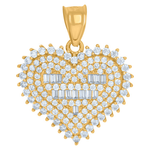 10K Yellow Gold Baguette CZ Women's 0.95" Iced Love Charm Cluster Heart Pendant