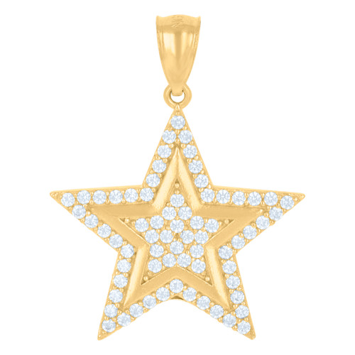 10K Yellow Gold Round CZ Unisex 1.10" Cluster Charm Celestial Halo Star Pendant