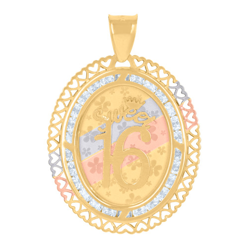 10K Tri-Color Gold Round CZ Women's 1.25" Heart Border Sweet 16 Oval Pendant