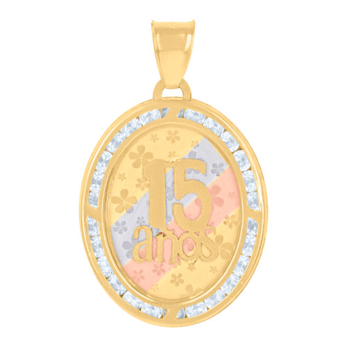 10K Tri-Color Gold Channel CZ Women's 1.10" Oval Frame Medallion 15 Anos Pendant