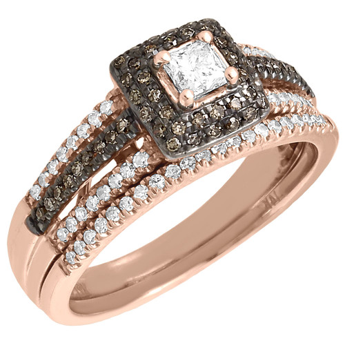 Brown Diamond Bridal Set Ladies Solitaire 14k Rose Gold Wedding Ring 0.54 Ct.