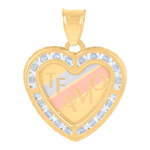 10K Tri-Color Gold Round CZ Women's 0.95" Love Charm TE AMO Heart Frame Pendant
