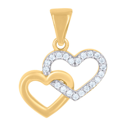 10K Two Tone Gold Round CZ Women's Love Charm Intertwined Double Heart Pendant