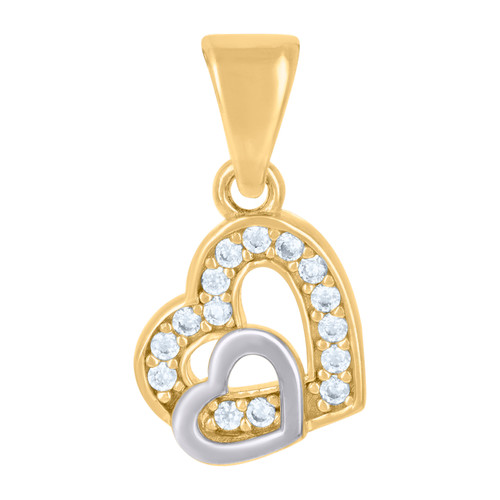 10K Two Tone Gold Round CZ Womens 0.65" Love Charm Sideways Double Heart Pendant