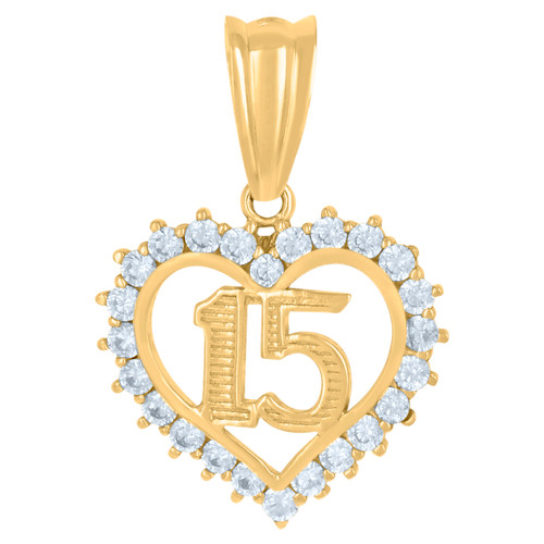 10K Yellow Gold CZ Women's 0.85" Quinceanera Medallion 15 Heart Frame Pendant
