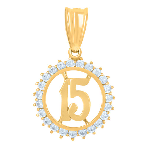 10K Yellow Gold CZ Women's 1" Quinceanera Medallion 15 in Circle Frame Pendant