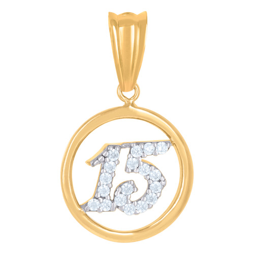 10K Two Tone Gold CZ Women's 1" Quinceanera Medallion 15 in Circle Frame Pendant