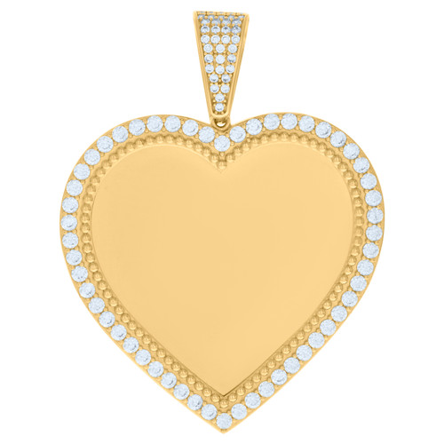 10K Yellow Gold CZ 2.05" Bead Border Charm Heart Picture Memory Frame Pendant