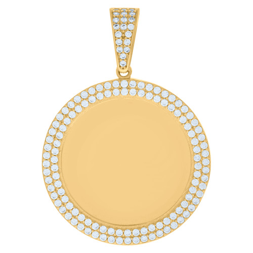 10K Yellow Gold CZ 1.65" 2 Row Medallion Circle Picture Memory Frame Pendant