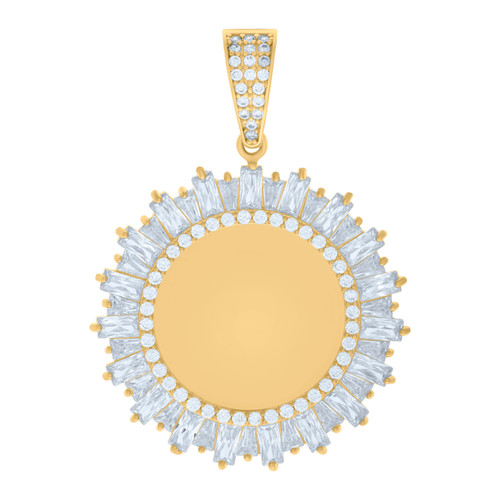 10K Yellow Gold Baguette CZ 1.65" Men's Iced Circle Picture Memory Frame Pendant