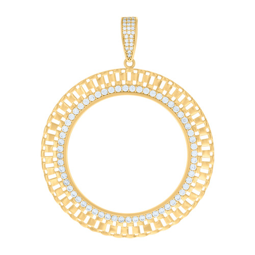 10K Yellow Gold CZ Mens 2.65" Jubilee Border Circle Picture Memory Frame Pendant