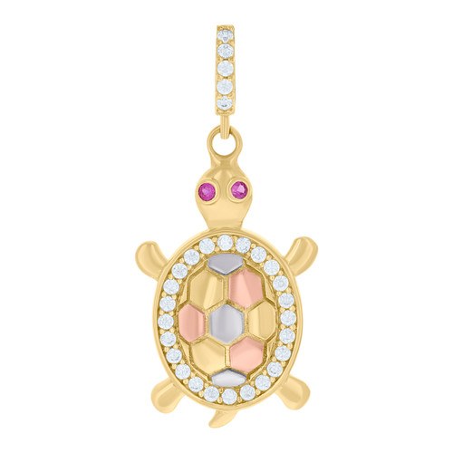 10K Tri-Color Gold Round Purple CZ Womens 1.35" Ocean Charm Sea Tortoise Pendant