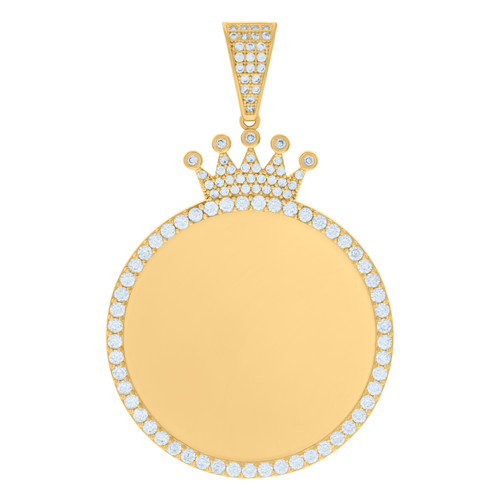 10K Yellow Gold CZ Mens 2.15" Royal Crown on Circle Picture Memory Frame Pendant
