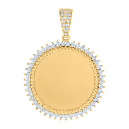 10K Yellow Gold CZ Men's 1.65" Braided Rope Circle Picture Memory Frame Pendant