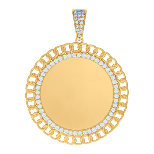 10K Yellow Gold CZ 1.85" Men's Cuban Border Circle Picture Memory Frame Pendant