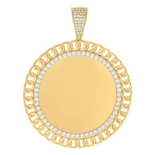 10K Yellow Gold CZ Men's 2.35" Cuban Border Circle Picture Memory Frame Pendant