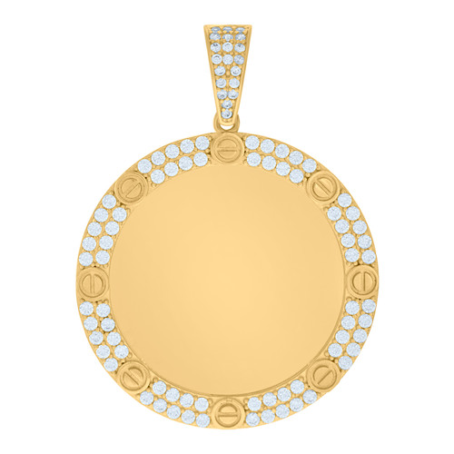 10K Yellow Gold CZ Men's 1.75" Rivet / Screw Circle Picture Memory Frame Pendant