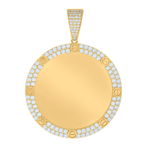 10K Yellow Gold CZ Men's 2.15" Rivet / Screw Circle Picture Memory Frame Pendant