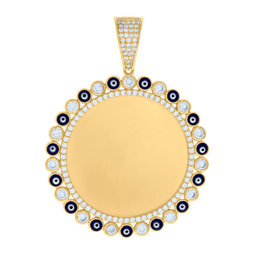 10K Yellow Gold CZ 2.15" Enameled Evil Eye Circle Picture Memory Frame Pendant