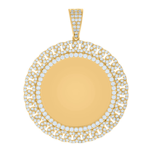 10K Yellow Gold CZ Men's 1.85" Cuban Border Circle Picture Memory Frame Pendant