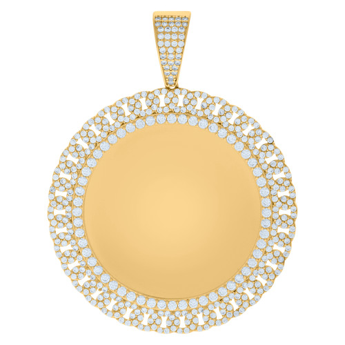 10K Yellow Gold CZ Men's 2.25" Cuban Border Circle Picture Memory Frame Pendant