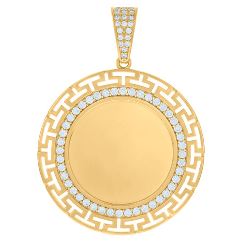 10K Yellow Gold CZ Men's 1.75" Greek Key Circle Picture Memory Frame Pendant