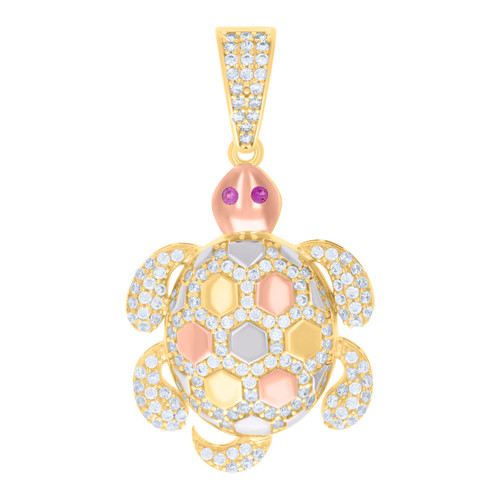 10K Tri-Color Gold Round Purple CZ Unisex 1.50" Ocean Charm Sea Tortoise Pendant