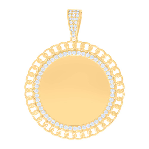 10K Yellow Gold CZ Men's 1.85" Picture Cuban Borber Round Memory Frame Pendant