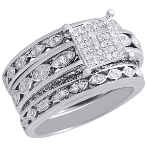 Antiker filigraner 3-teiliger Diamant-Hochzeitsring für Damen, Sterlingsilber, 3/4 ct