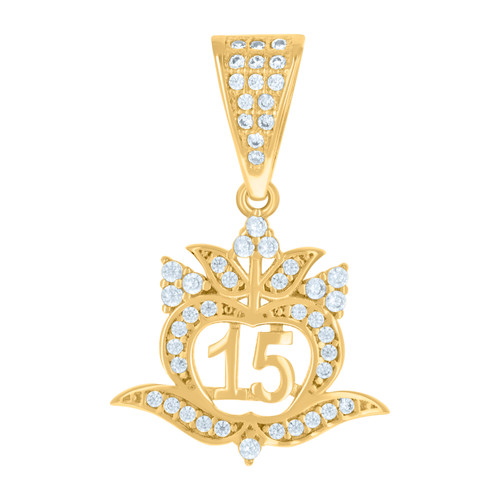 10K Yellow Gold Round CZ Women's 1" Spanish Charm 15 Quinceanera Apple Pendant