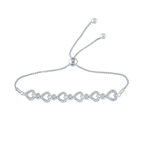 925 Sterling Silver Real Diamond 5mm Double Heart Link Bolo Bracelet | 1/20 CT