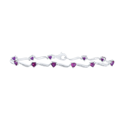 Sterling Silver Created Ruby & Diamond Heart Wave Link Tennis Bracelet 4 CT | 7"