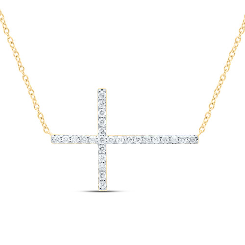 10K Yellow Gold Genuine Diamond Women's Sideways Latin Cross 18" Necklace 1/3 CT