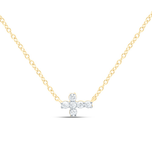 10K Yellow Gold Prong Diamond Womens Mini Sideways Cross 18" Necklace 1/12 CT