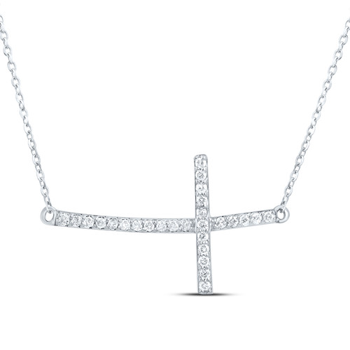 10K White Gold Genuine Diamond Women's Curved Sideways Cross 18" Necklace 1/5 CT 10K White Gold Genuine Diamond Women's Curved Sideways Cross 18" Necklace 1/5 CT