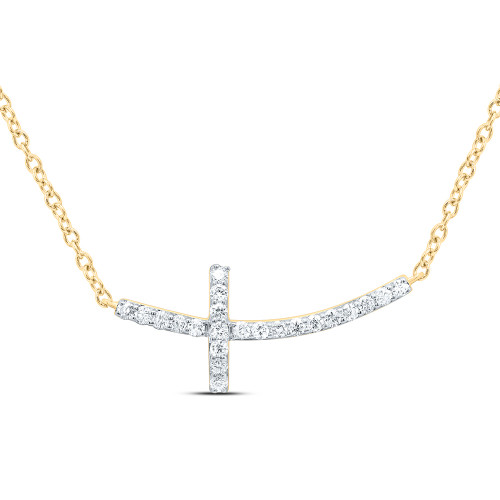 14K Yellow Gold Genuine Diamond Women Curved Sideways Cross 18" Necklace 1/10 CT