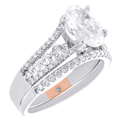 14K White Gold Lab Grown Oval Diamond Solitaire Cathedral Bridal Set 2.13 CT